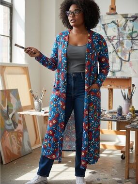 LuLaRoe Floral Blue and Red Open Cardigan w/Pockets